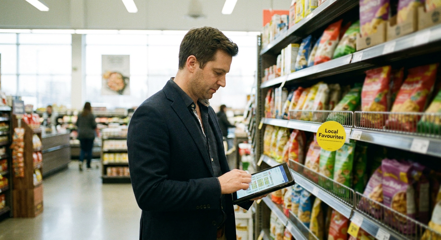 Représentant Agence Quest révisant un planogramme en épicerie sur tablette